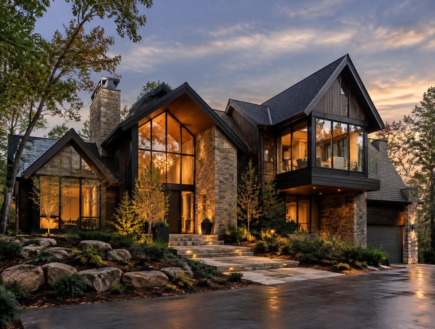 Complex custom residential home with layered gables, stone, and glass designed by The Hanson Group